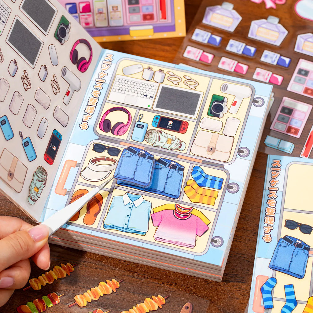 Organizer scene page decorated with flat PET stickers for clothes, accessories, devices, and daily items