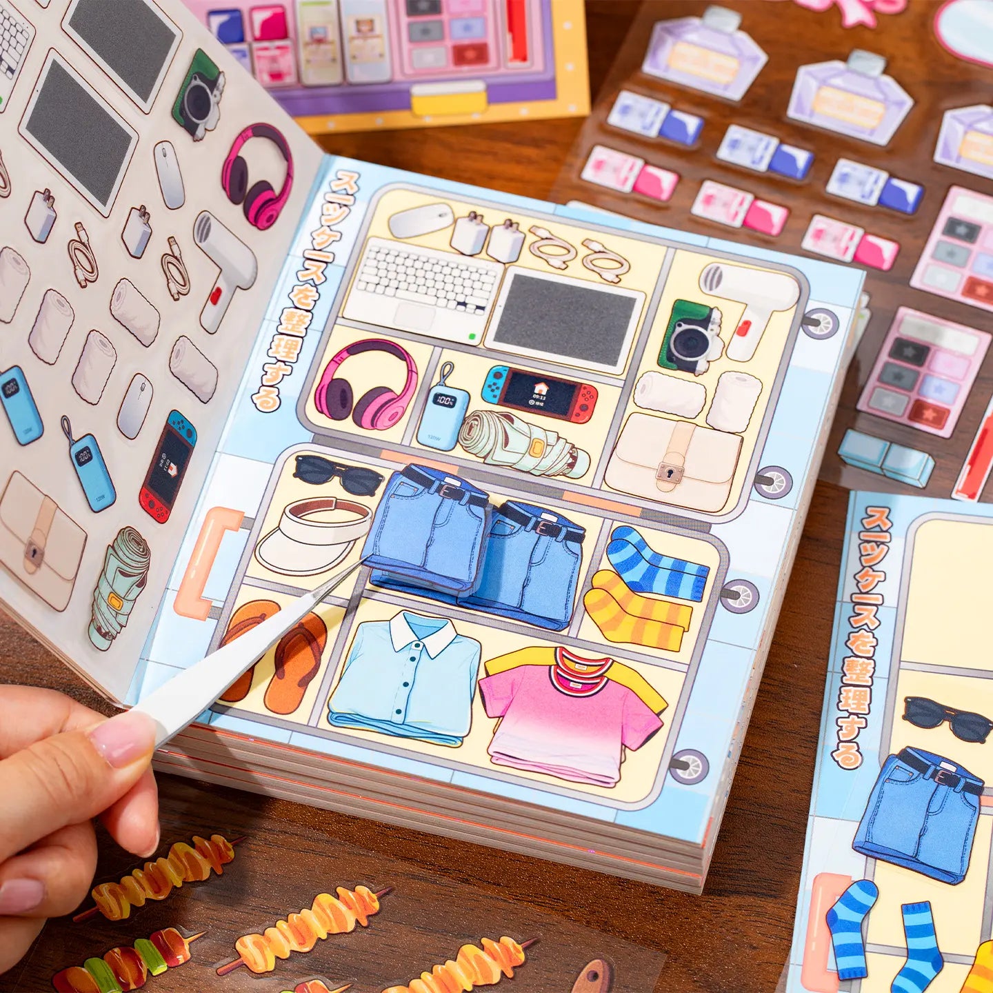 Organizer scene page decorated with flat PET stickers for clothes, accessories, devices, and daily items
