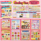 Healing Time 3D Scene Sticker Book contents showing 16 PET sticker sheets and 8 scene cards
