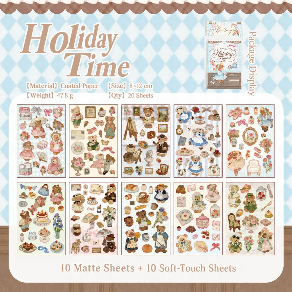 Holiday Time bear journaling sticker overview showing 20 coated paper sheets with bears, flowers, cakes, dresses, bags, and cozy holiday details