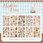 Holiday Time bear journaling sticker overview showing 20 coated paper sheets with bears, flowers, cakes, dresses, bags, and cozy holiday details