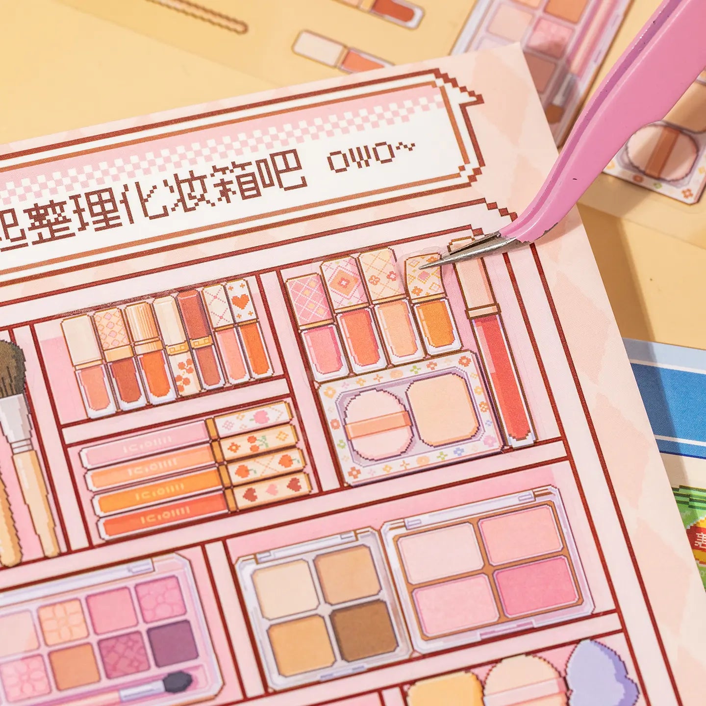 Placing makeup stickers onto a scene card from Home Organizer 3D Scene Sticker Book