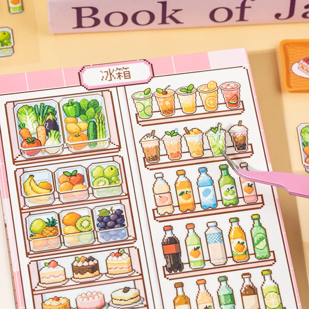 Close-up of refrigerator drinks and fruit stickers in the Home Organizer scene sticker book