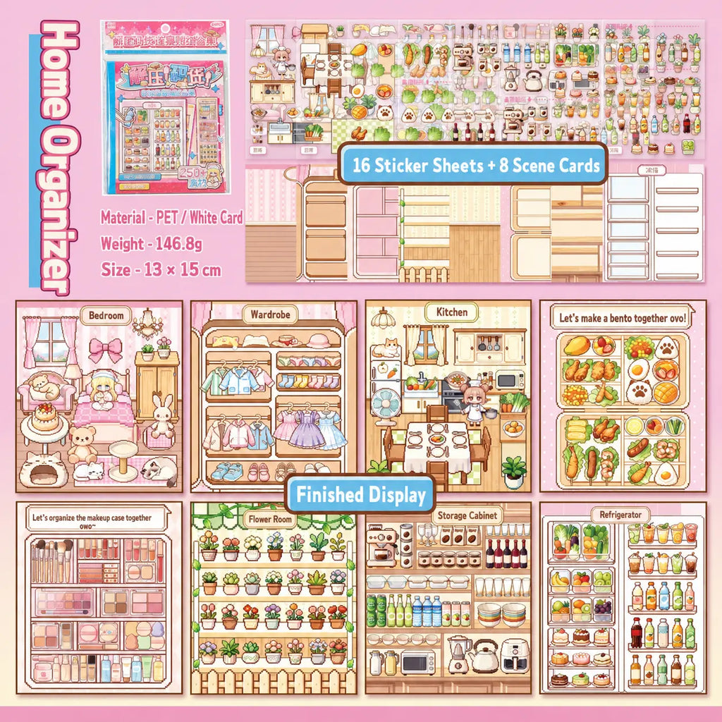 Home Organizer scene sticker book contents with 16 PET sticker sheets and 8 scene cards