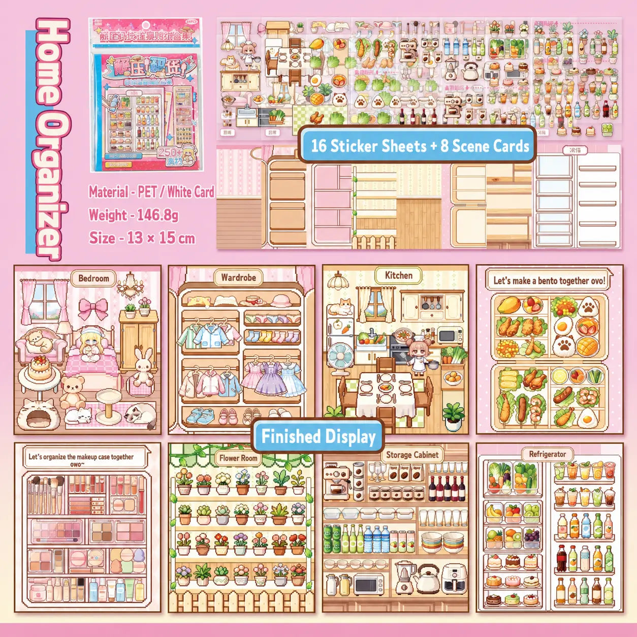Home Organizer scene sticker book contents with 16 PET sticker sheets and 8 scene cards