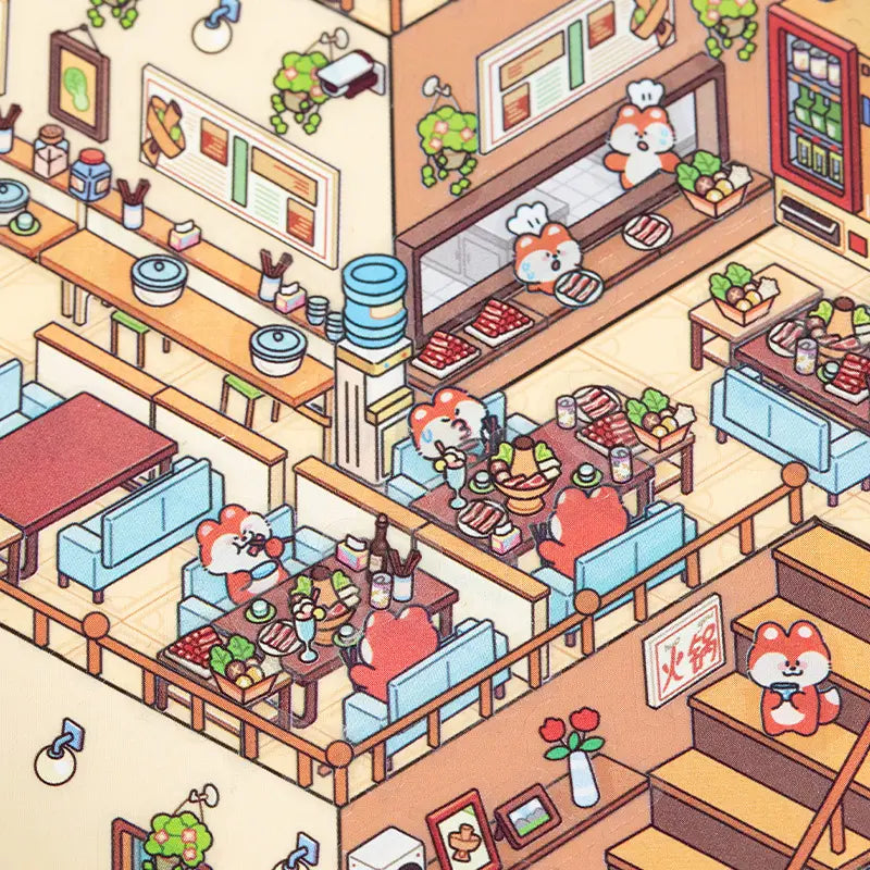 Dining area detail from Hot Pot Restaurant 3D Scene Sticker Kit with tables, food, and character stickers