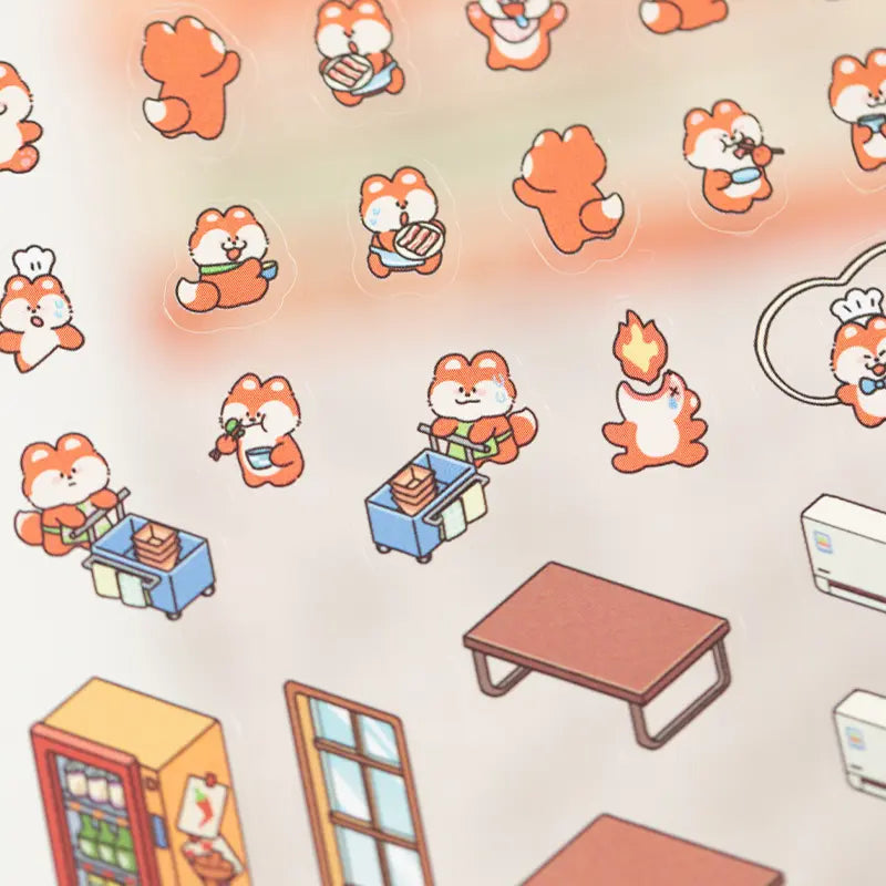 Close-up of PET sticker sheet with character and restaurant detail stickers from Hot Pot Restaurant kit