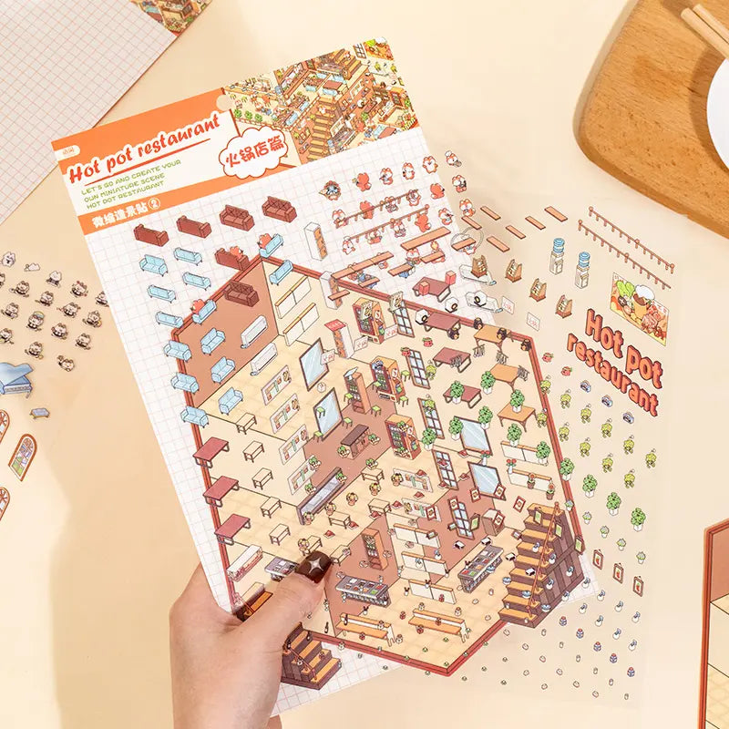 Hot Pot Restaurant scene card and PET sticker sheets for building a miniature restaurant scene