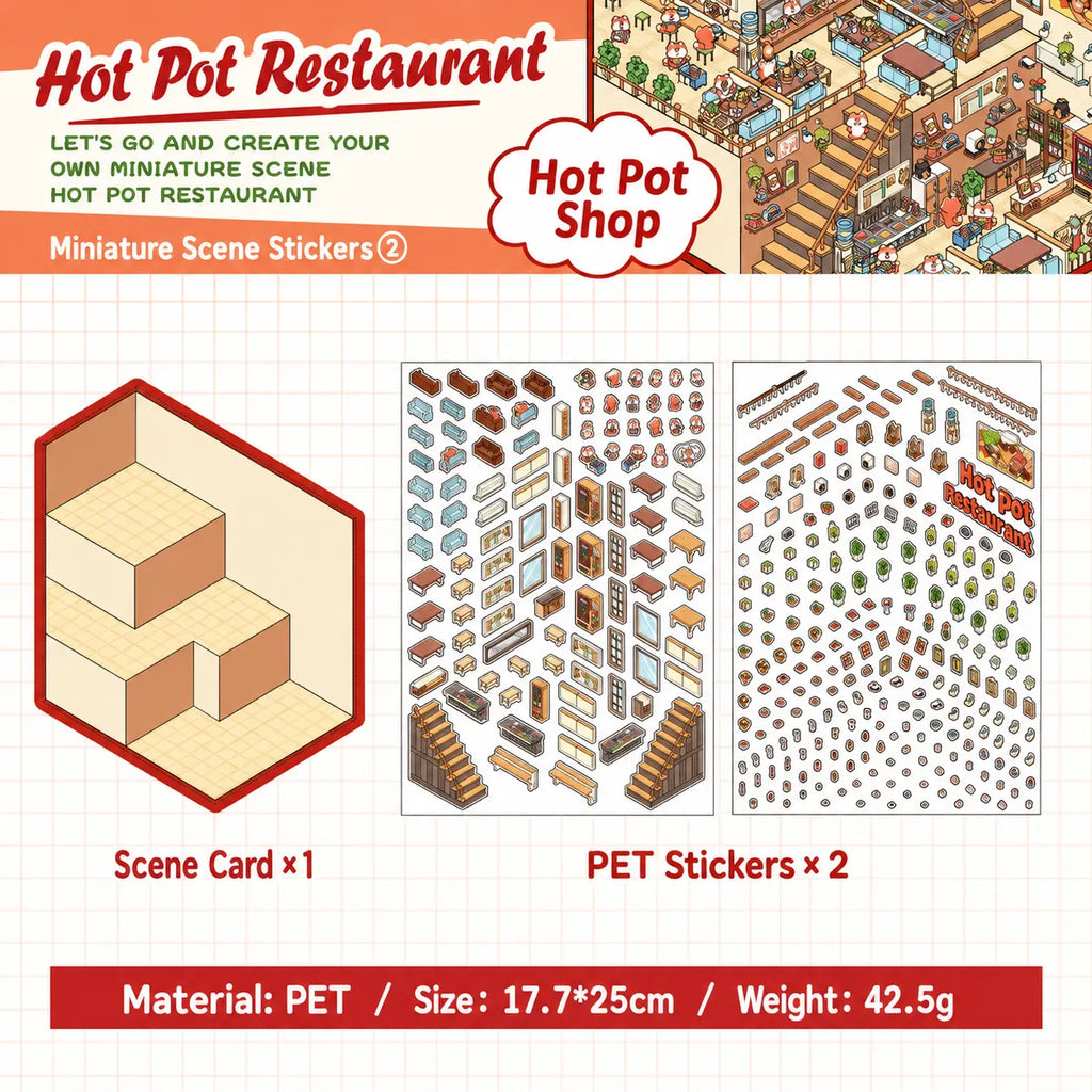 Hot Pot Restaurant scene sticker kit contents with one scene card and two PET sticker sheets