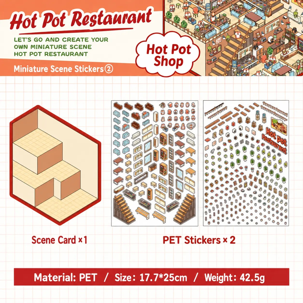 Hot Pot Restaurant scene sticker kit contents with one scene card and two PET sticker sheets