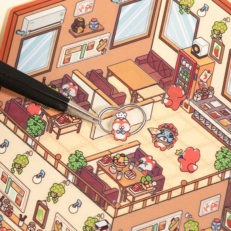 Placing a character sticker onto the Hot Pot Restaurant scene card with tweezers