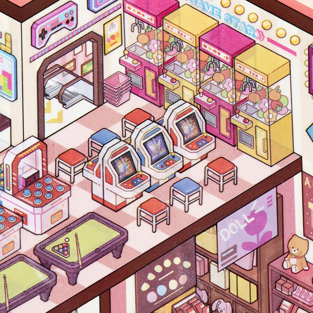 Close-up of arcade machines, claw machines, and game area details in the miniature mall scene