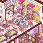 Close-up of arcade machines, claw machines, and game area details in the miniature mall scene