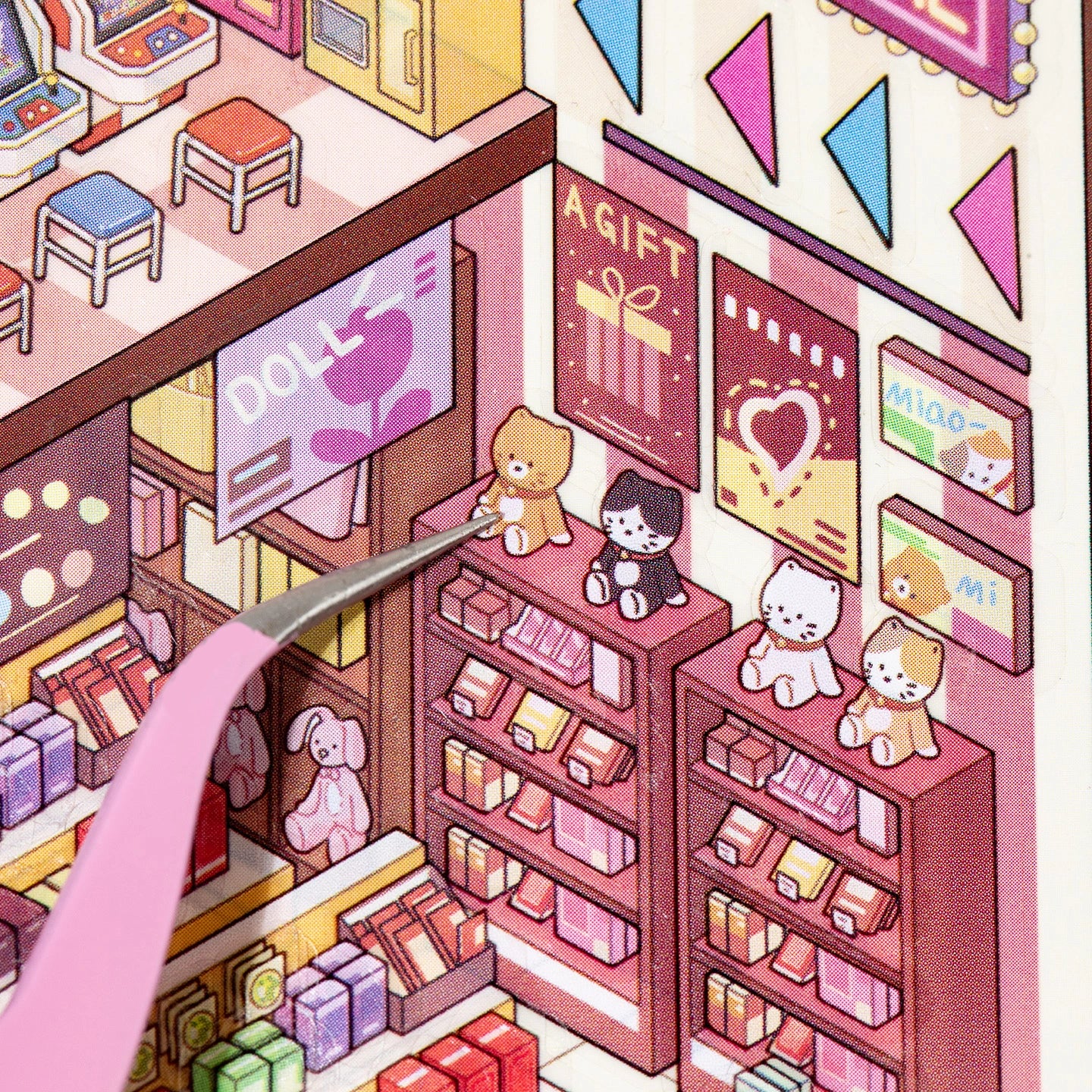 Close-up of doll and gift shop details in the Immersive Mall 3D scene sticker kit