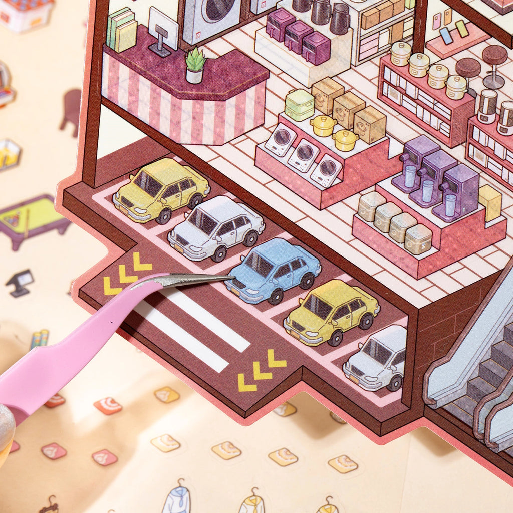 Close-up of parking area, small cars, and lower-floor display details in the Immersive Mall sticker scene