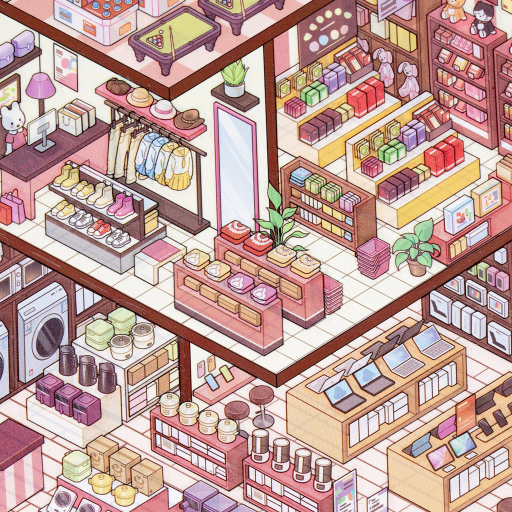 Close-up of miniature shop displays, clothing area, home goods, and electronics counters in the mall scene