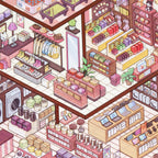 Close-up of miniature shop displays, clothing area, home goods, and electronics counters in the mall scene