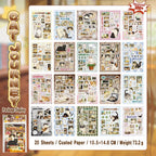 Indoor cat life sticker book overview showing 20 coated paper sticker sheets with cozy cats, rooms, books, windows, and daily-life scenes