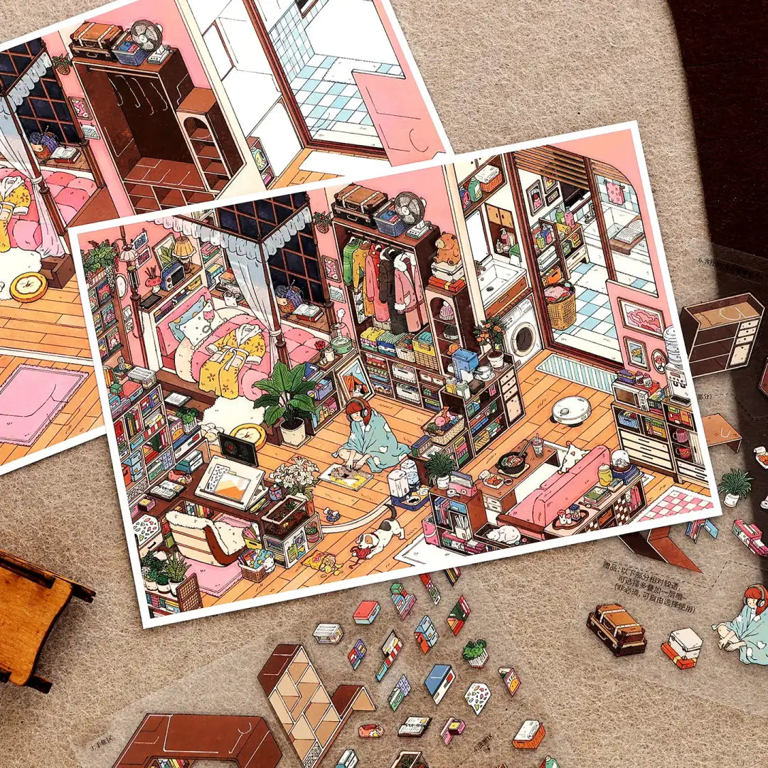 Finished Introvert’s Nook miniature room scene with bedroom, closet, bathroom, books, and cozy details