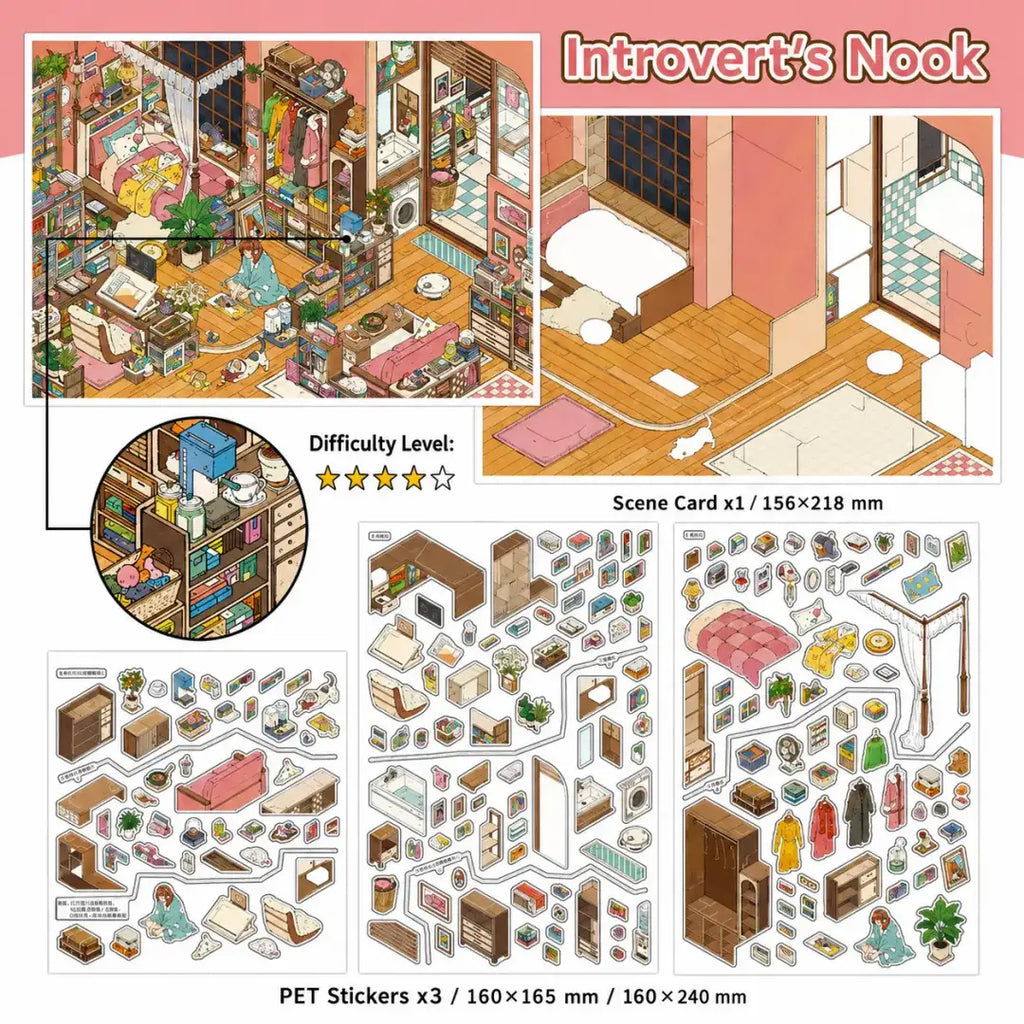 Introvert’s Nook scene sticker kit with bedroom scene card and PET sticker sheets