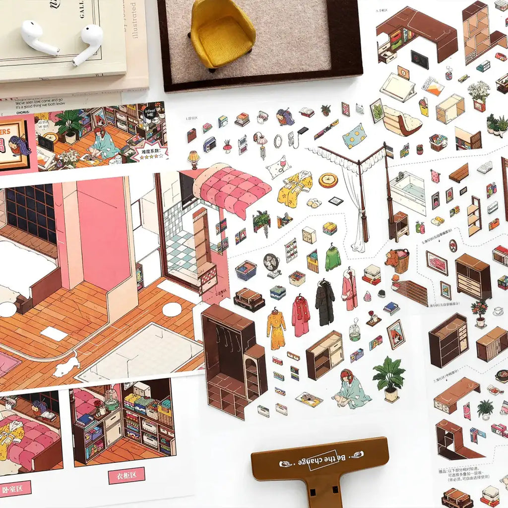 Introvert’s Nook PET sticker sheet with bedroom furniture, books, plants, clothes, and room details