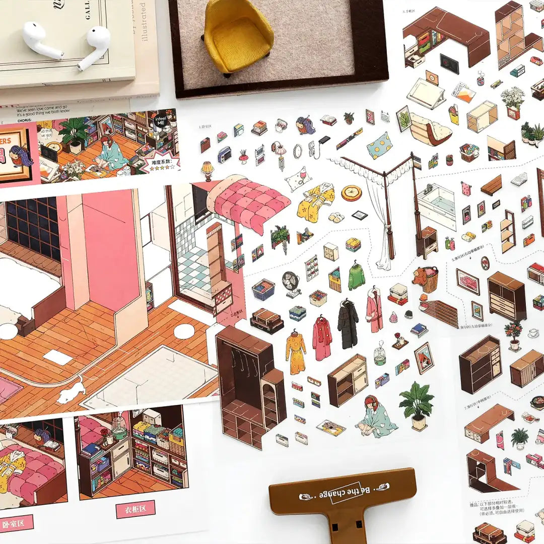 Introvert’s Nook PET sticker sheet with bedroom furniture, books, plants, clothes, and room details