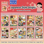 Japanese-Style Delights food journaling sticker pack overview showing 20 sheets with Japanese dishes, sushi, skewers, desserts, and hot pot designs