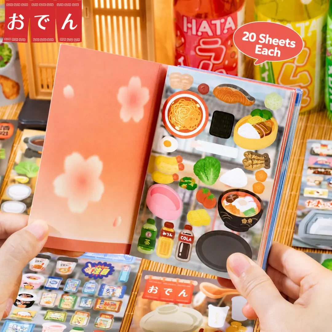 Japanese-Style Delights sticker pack opened to show food sticker pages and 20 sheets in the pack