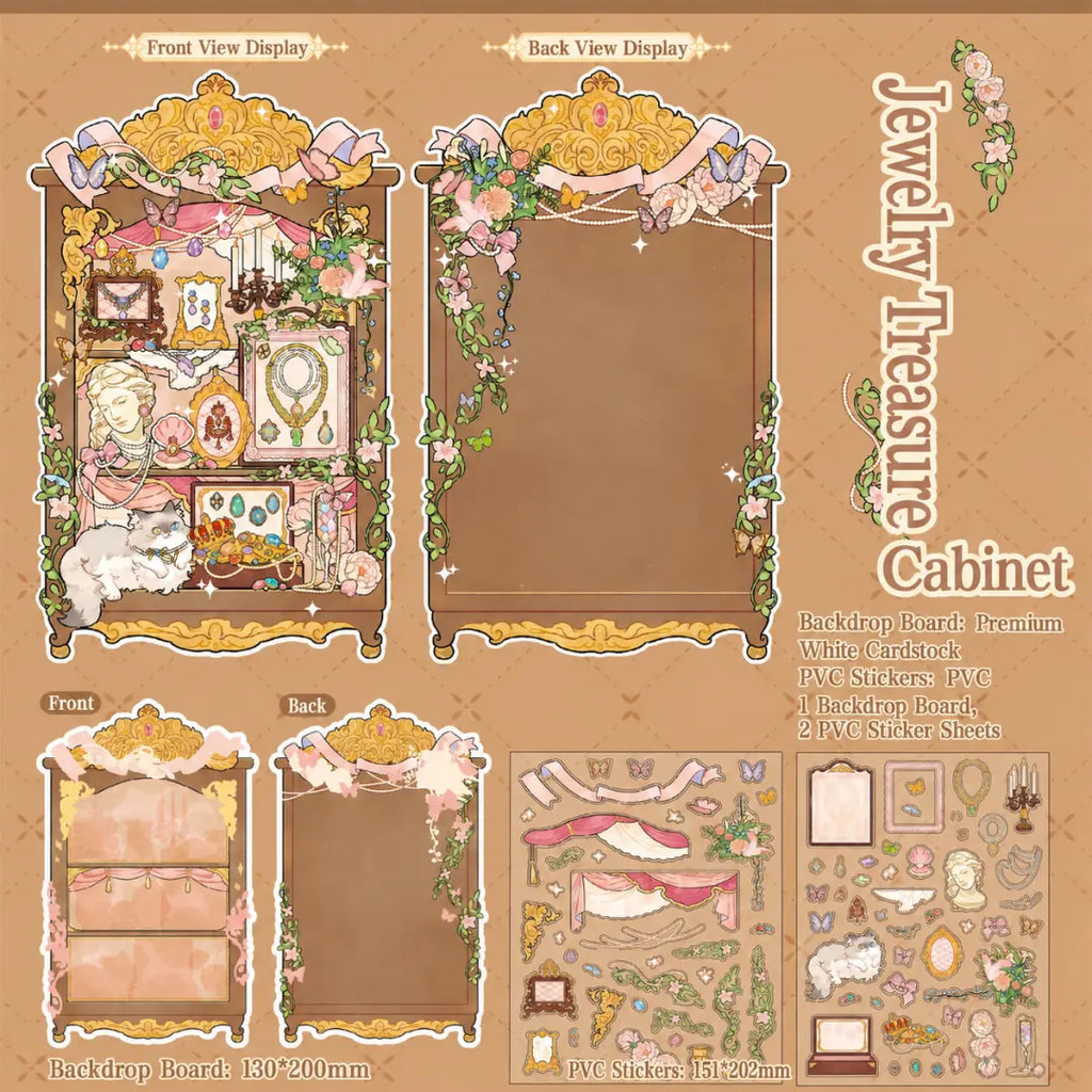 Jewelry Treasure Cabinet 3D scene sticker kit with warm brown cabinet backdrop, jewelry details, flowers, cat, and PVC sticker sheets
