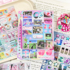 Hands flipping through a journaling sticker pack with colorful dreamy sticker sheets