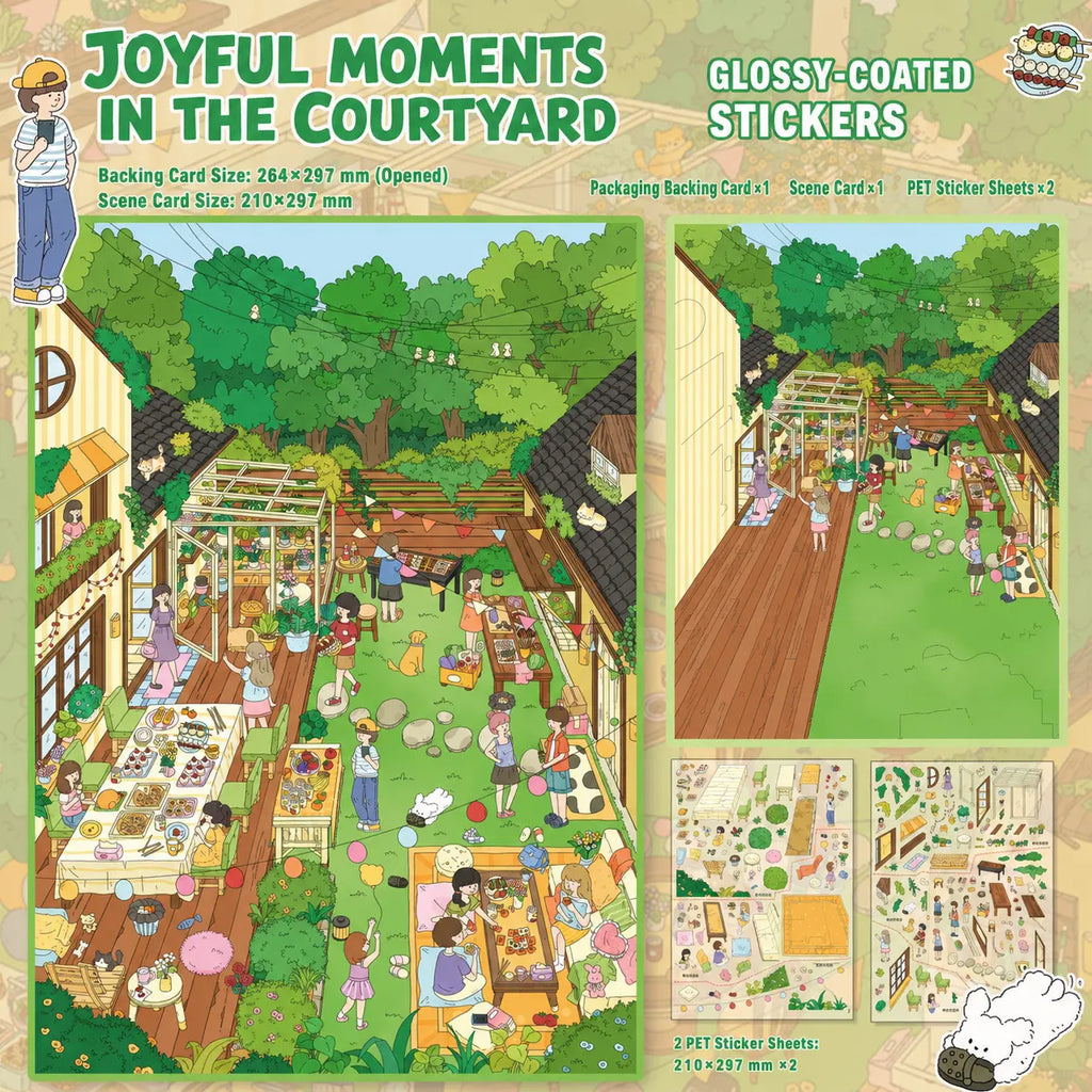 Joyful Moments in the Courtyard scene kit with completed courtyard scene, blank scene card, and two sticker sheets