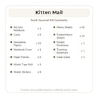 English contents list for the Kitten Mail Junk Journal Kit with included item names and quantities