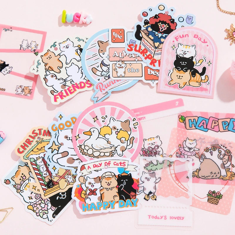 Kitten Mail Junk Journal Kit die-cut stickers and cards with cute cat characters and cheerful pink details
