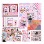 Kitten Mail Junk Journal Kit full contents flat lay showing the coordinated pink cat-themed journaling supplies