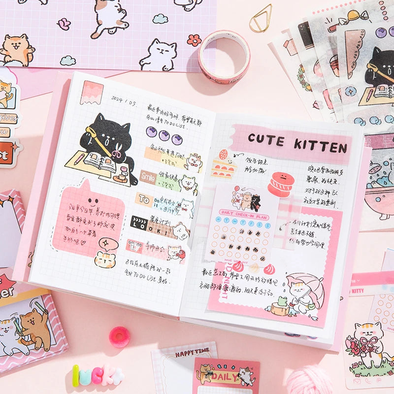 Kitten Mail Junk Journal Kit journal page layout with cat memo sheets, stickers, and pink decorative accents