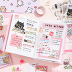 Kitten Mail Junk Journal Kit journal page layout with cat memo sheets, stickers, and pink decorative accents