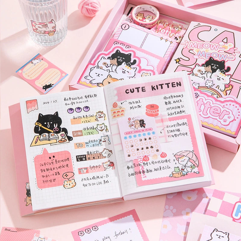 Kitten Mail Junk Journal Kit memo and sticker pages arranged with cute cat details for journaling