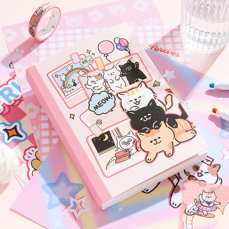 Kitten Mail Junk Journal Kit notebook cover with cat stickers and pink paper craft accents