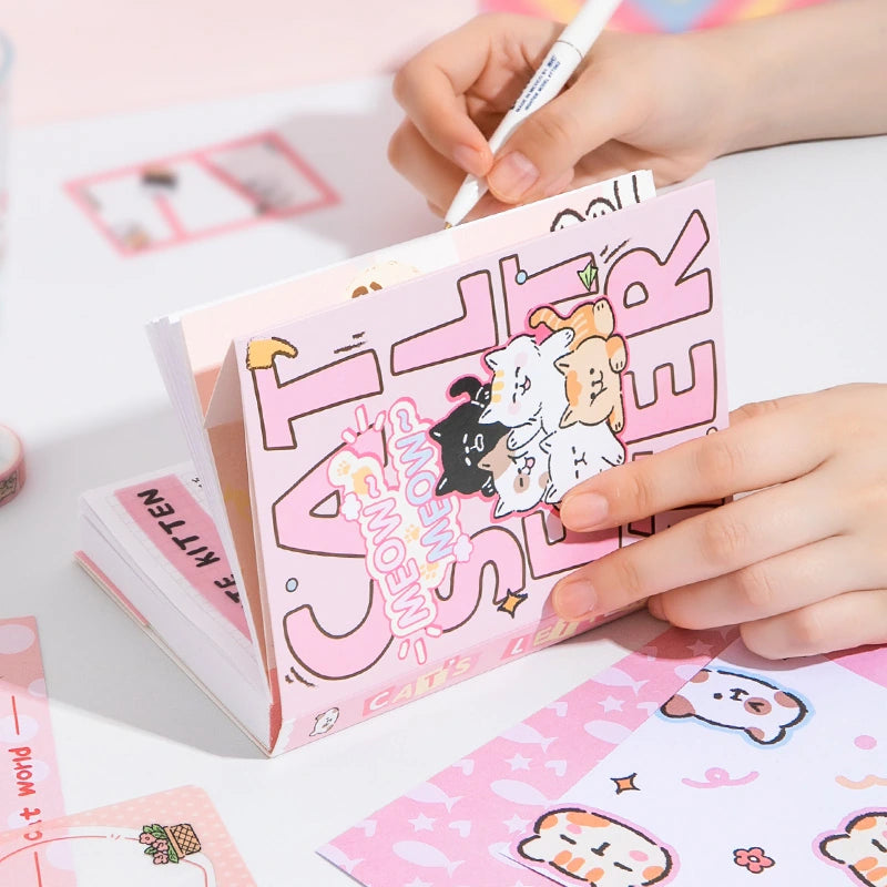 Kitten Mail Junk Journal Kit notebook page layout being decorated with cute cat-themed journaling pieces