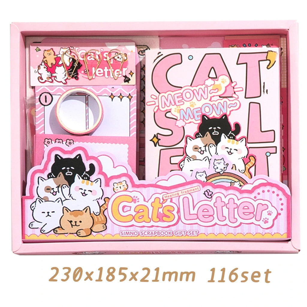 Kitten Mail Junk Journal Kit packaged size overview showing the pink cat-themed journal kit and set dimensions