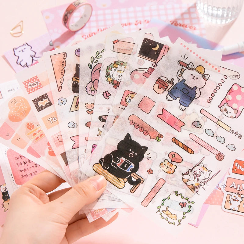 Kitten Mail Junk Journal Kit sticker sheets with cute cats, stationery icons, labels, and pink decorative pieces