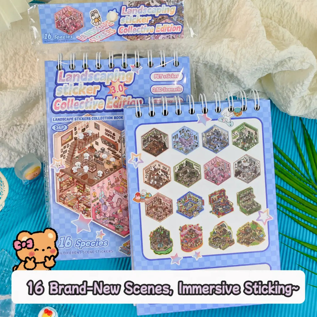 Spiral-bound 3D scene sticker book showing the front cover, back cover, and 16 miniature scene previews