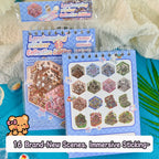 Spiral-bound 3D scene sticker book showing the front cover, back cover, and 16 miniature scene previews
