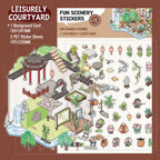 Leisurely Courtyard 3D scene sticker kit contents with background card and two PET sticker sheets