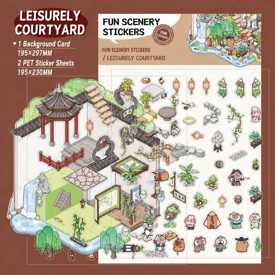 Leisurely Courtyard 3D scene sticker kit contents with background card and two PET sticker sheets