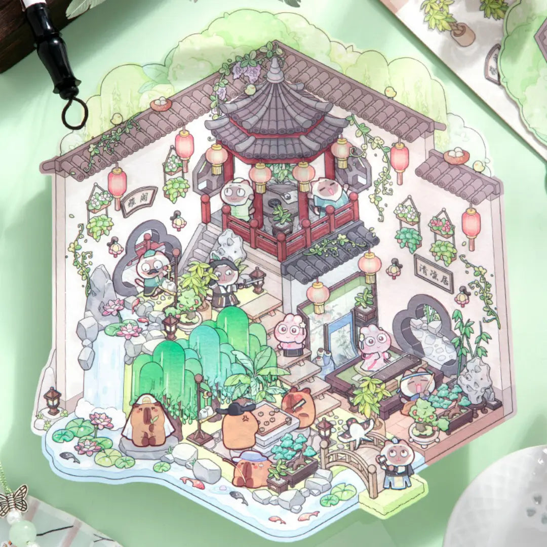 Finished Leisurely Courtyard 3D-look sticker scene with pavilion, bridge, plants, and water garden details