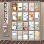 Life Fragments set with 20 writable paper sticker sheets featuring stationery, household objects, and seasonal motifs