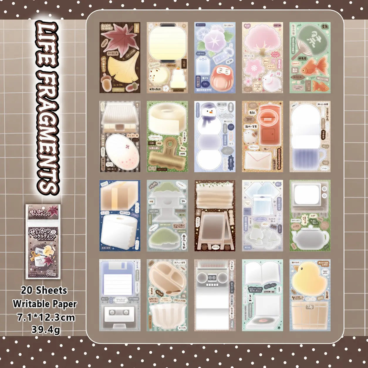 Life Fragments set with 20 writable paper sticker sheets featuring stationery, household objects, and seasonal motifs