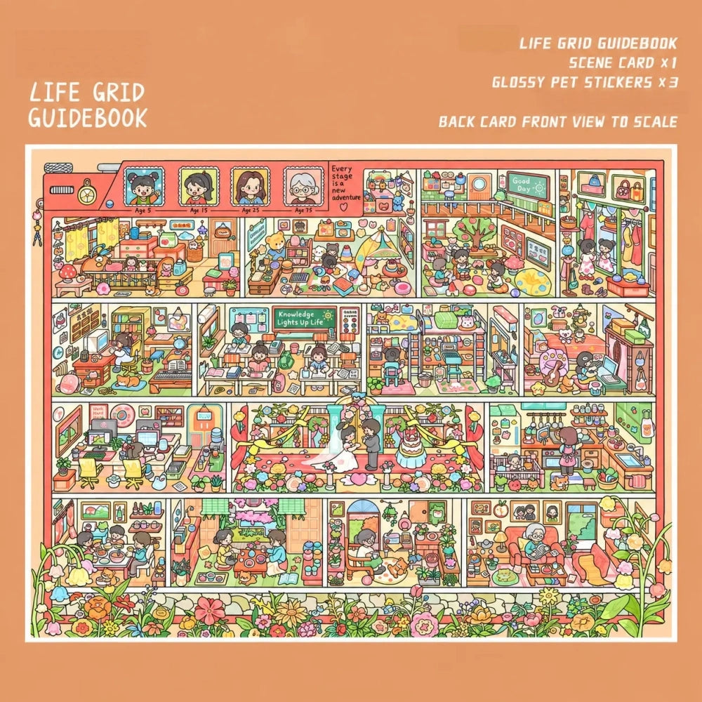 Life Grid Guidebook scene sticker kit with miniature life scene card and glossy PET stickers