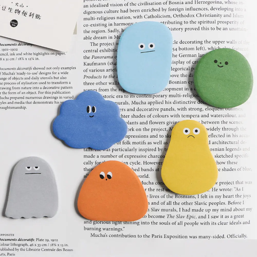 Little Blob Characters sticky notes All 6 Styles set with Pea Sprout, Volcano, Cloud, Wild Mushroom, Water Droplet, and Dust designs.